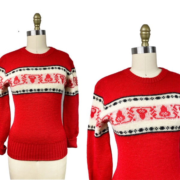 Vintage 1940s Red White Black Holiday Pattern Ski Pullover Sweater - Size: XS Small