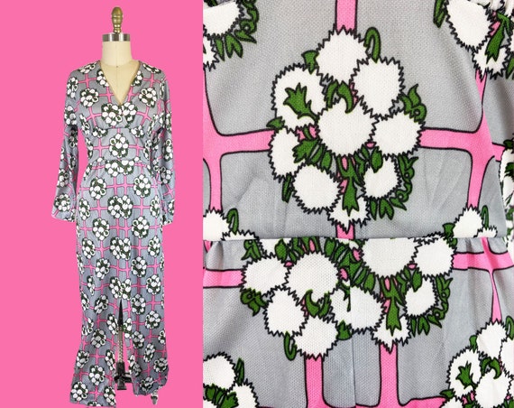 Vintage 1970s Grey Pink Maxi Dress - Opt Art Patt… - image 1