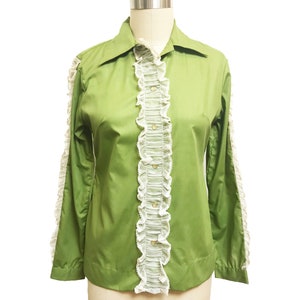 Vintage 1960s H Bar C Western Shirt Green Ruffle Cowboy Button Down Blouse small to medium image 2