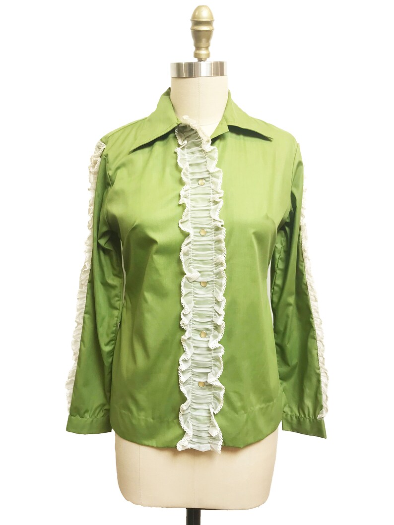 Vintage 1960s H Bar C Western Shirt Green Ruffle Cowboy Button Down Blouse small to medium image 2