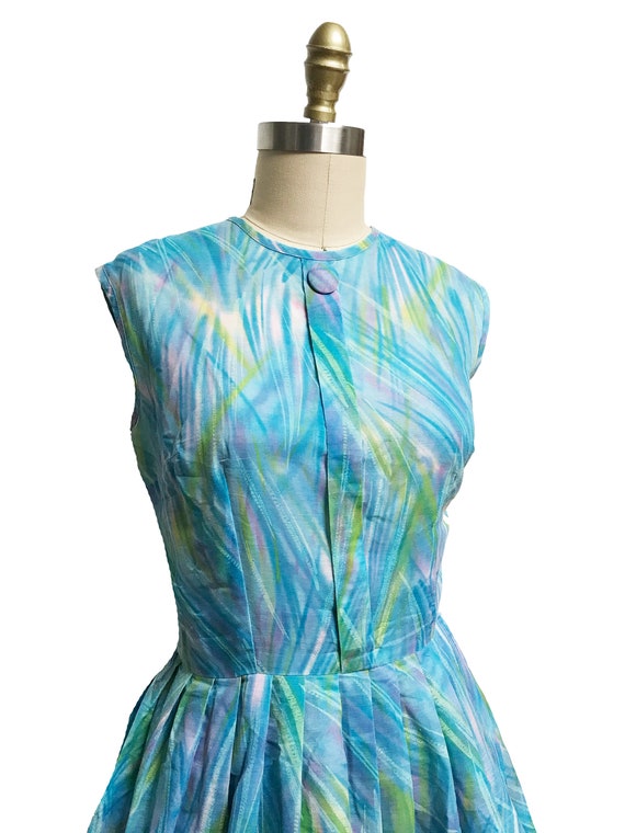 Vintage 1950s 1960s Blue Watercolor Dress - Butto… - image 3