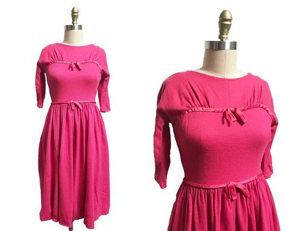 1950s Pink Wool Dress -Bow Detail 3/4 Sleeves As … - image 1