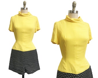 Vintage 1960s Romper - Yellow Black White Polka Dot Thick Rayon Blouse Turtle Neck Waist-30"