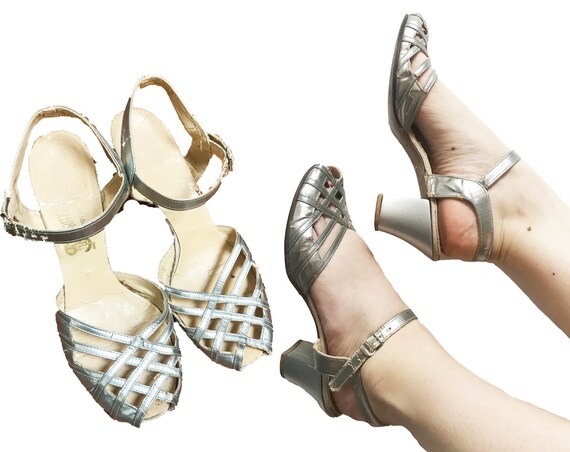 Vintage 1930s Shoes Silver Dancing Shoes Strappy Open Gem