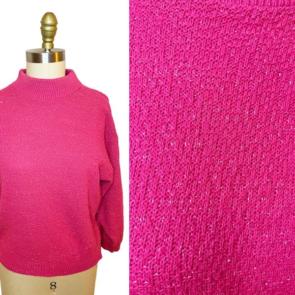 Vintage 1980s Pink Pullover Sweater - Silver Lurex Glitter Party Bright Neon Knit Top Size:  Large / XL