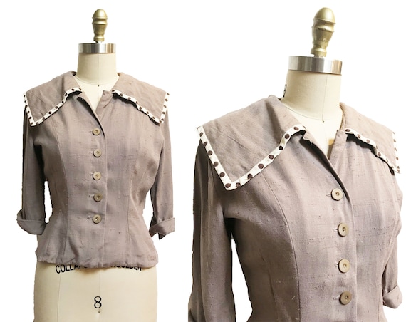 1950s Brown Polka Dot Blouse Button Front Large Collar R&K Original Medium  