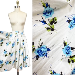 Vintage 1950s White Blue Rose Circle Skirt - High Waisted Novelty Printed Waist: 28&quot;
