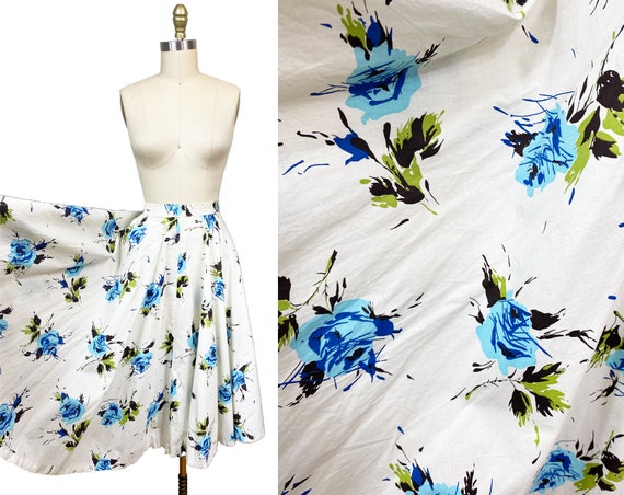 Vintage 1950s White Blue Rose Circle Skirt - High… - image 1