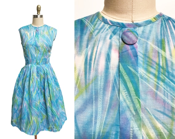 Vintage 1950s 1960s Blue Watercolor Dress - Butto… - image 1