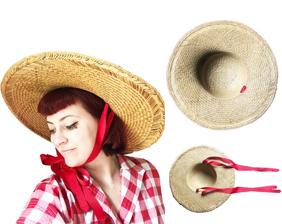 Vintage 1940s Straw Sun Hat - Red Ribbon Straps Wi
