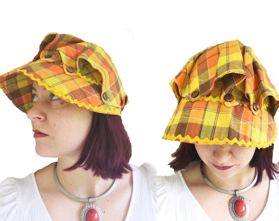 Vintage 1960s 1970s Plaid Hat - Orange Yellow Bro… - image 1