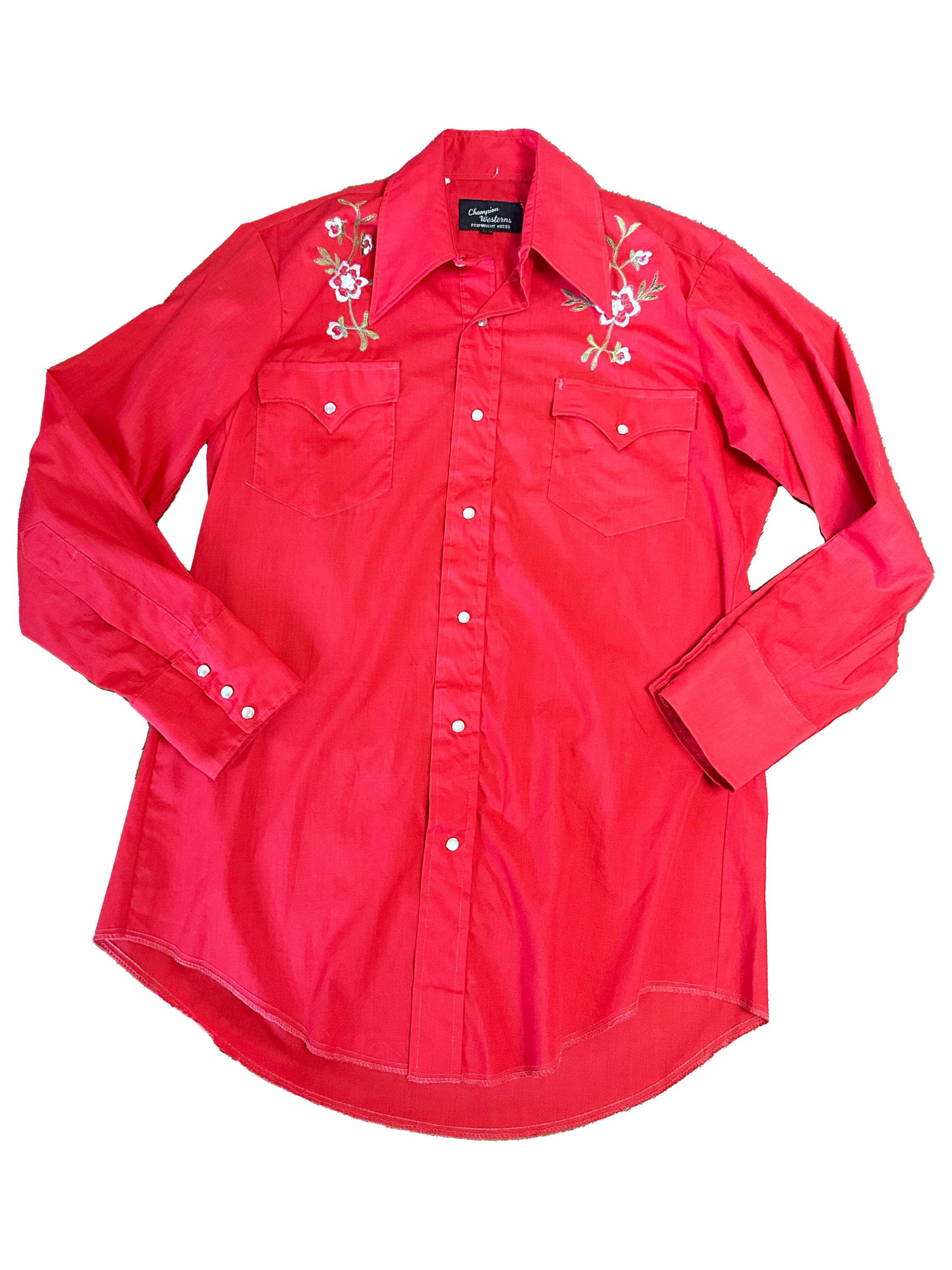 Vintage 1970s Red Flower Embroidered Western Shirt - Cowboy Floral 