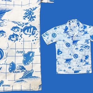 Vintage 1980s Kids Aloha Shirt - Hawaiian Tiki White Blue Map Hot Air Ballon Boat Fish
