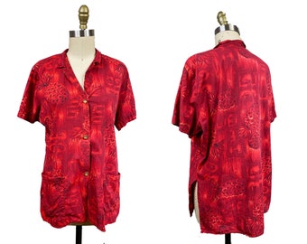 Vintage 1950s VOLUP Tea Timer Red Button Up Pineapple Printed Short Sleeve Top Blouse Size: XXL