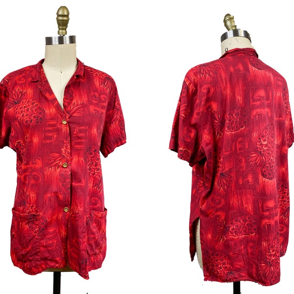 Vintage 1950s VOLUP Tea Timer Red Button Up Pineapple Printed Short Sleeve Top Blouse Size: XXL