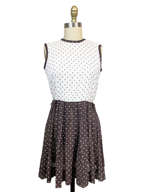 Vintage 1960s Brown White Polka Dot Dress- Day Mo… - image 2