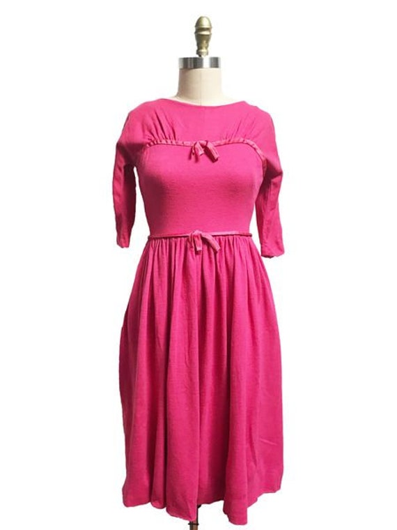 1950s Pink Wool Dress -Bow Detail 3/4 Sleeves As … - image 2