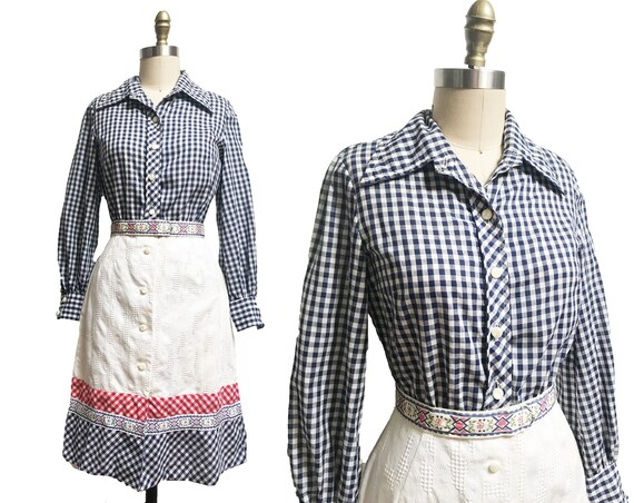 Vintage 1970s Gingham blue White Dress - Prairie P