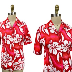 Vintage 1970s Women&#39;s Hawaiian Orange Tiki Day Glo Hot Pink Red White Hibiscus Flower Shirt Size: Medium