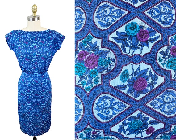 Vintage 1960s Blue Purple Floral Dress - Wallpape… - image 1