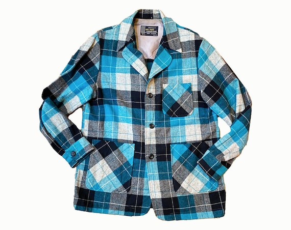 RARE Vintage 1950s Mens J.C. Penney's Plaid 49er Shirt Jacket. - Blue Plaid Pendleton Style Button Front Chest: 46"
