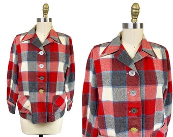 Vintage 1940s 49er Red White Blue Plaid Pendleton Inspired Jacket - Workwear Shirt Jacket Size: Medium / Large