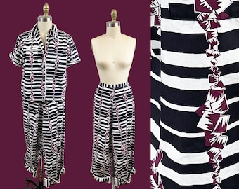 Vintage 1950s Style Hand Made Pajama 2PC Set - Black White Striped PJ Pant Waist: 28"