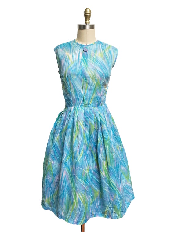 Vintage 1950s 1960s Blue Watercolor Dress - Butto… - image 2