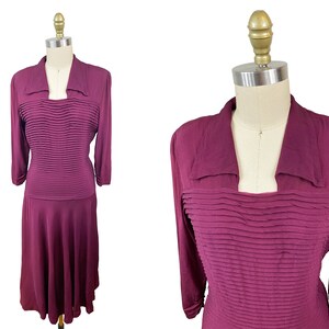 Vintage 1940s Burgundy Dress - Rayon Crepe Maroon Gathered Front Long Sleeve Large Collar Waist: 29.5&quot;
