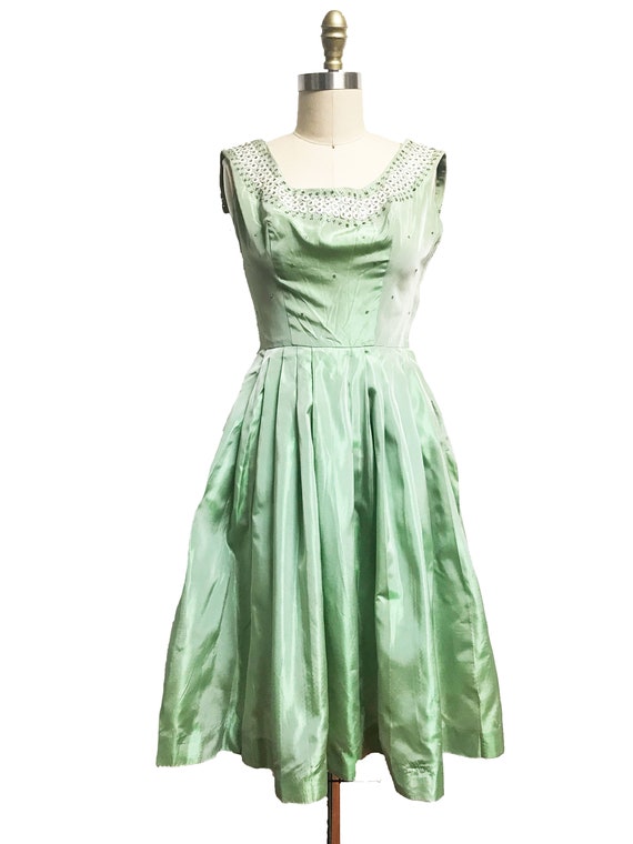 Vintage 1950's Dress- Mint Green Taffeta Iridesce… - image 2