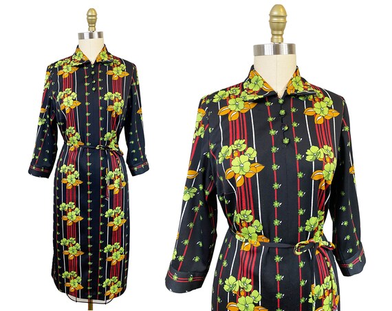 Vintage 1970s Green Floral Black Red Striped Long… - image 1