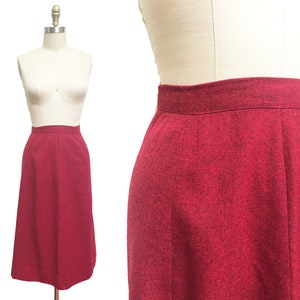 Vintage 1950s Red Black Pencil Skirt - Wool A-Line Textured Midcentury Waist-27&quot;
