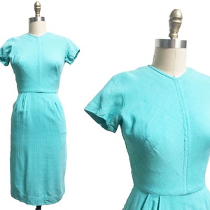 Vintage 1960s Fleck Pencil Dress - Baby Blue Speckle Mid Century Secritary Waist-24&quot;