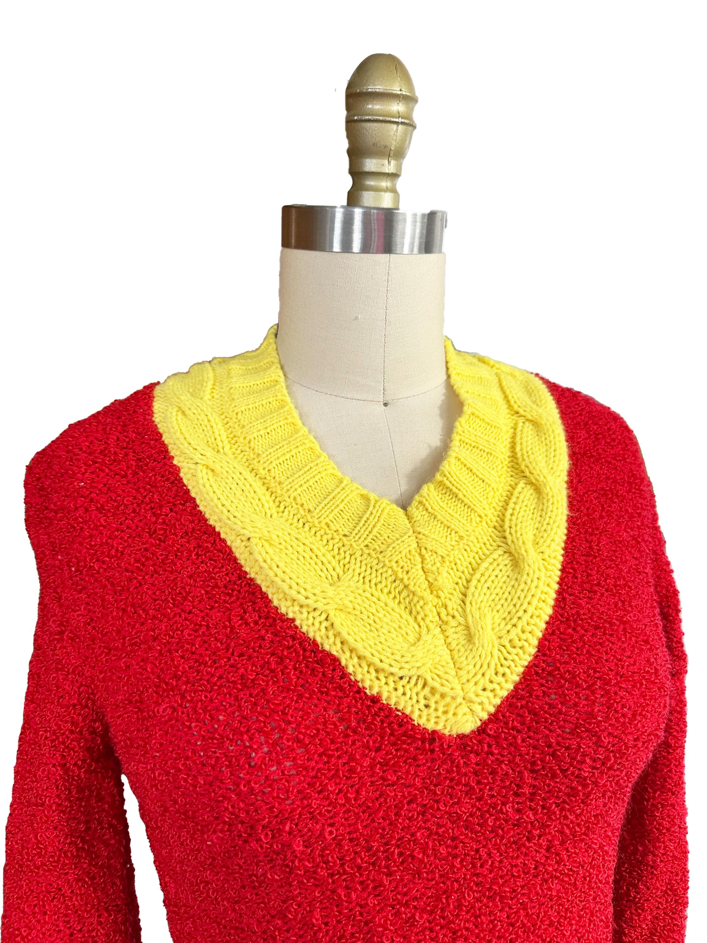 Vintage 1970s Red Yellow Sweater - Pullover V-neck Ketchup Mustard
