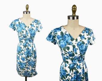 Vintage Worn on Marvelous Mrs Maisel 1950s Blue White Floral Blue Rose Pencil Dress - Waist: 26"