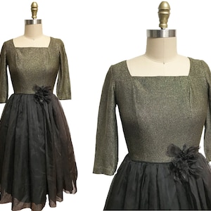 Vintage 1950&#39;s Dress- Party Cocktail Evening Gold Lurex Full Skirt Black Chiffon Flower Detail Waist-24&quot;