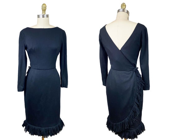 Vintage 1960s Black Fringe Hem Cocktail Dress - W… - image 1