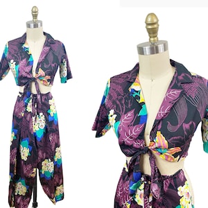 Vintage Hawaiian Set - Blue Floral Print Pant Tie Top Cover Up Size: Small Medium