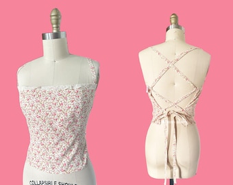 Handmade Upcycled 1970s Pink Ivory Floral Halter Top - Tie Small & Large