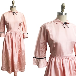 Vintage 1950s Baby Pink Velvet Black Dress - Valentine&#39;s Day Full Skirt Long Sleeve Peter Pan Collar Waist-28&quot;