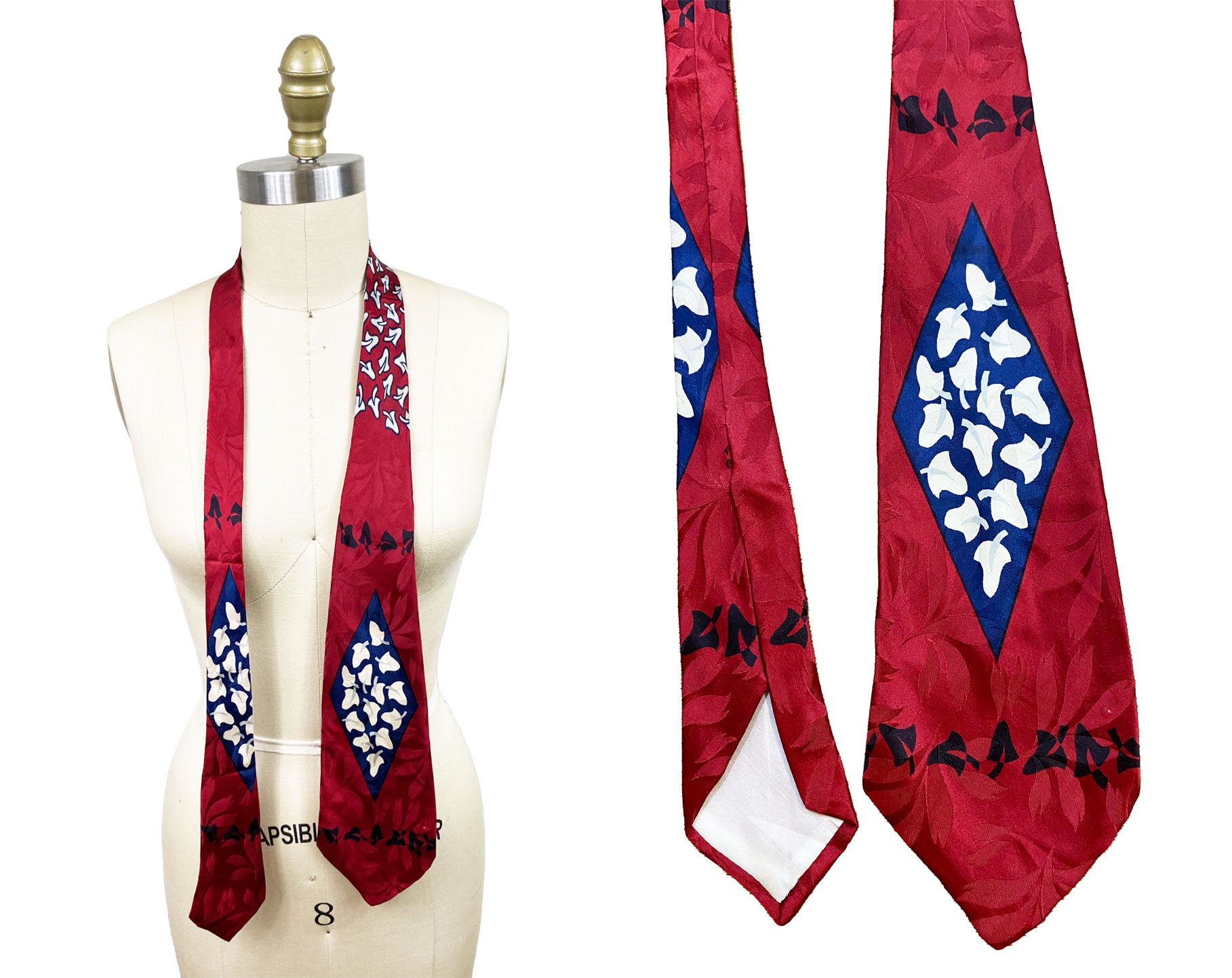 1940年代のヴィンテージ柄ネクタイ - レッド、ネイビー、ブラック