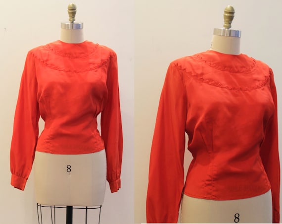 Vintage 1940's 1950's VOLUP Blouse- Red Long Sleev