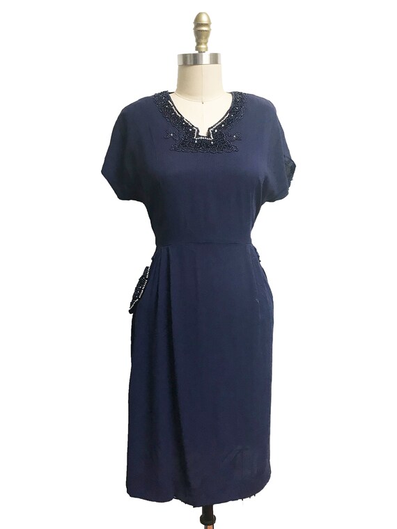 Vintage 1940s's Navy Blue Dress- Beaded Pearl Poc… - image 2