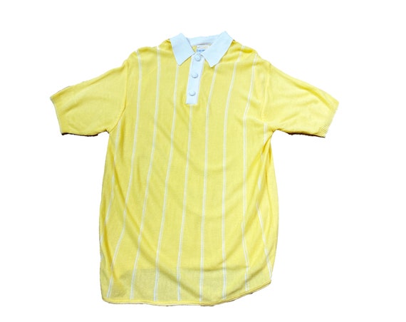 Vintage 1970s Yellow Knit Striped Polo - Short Sl… - image 1