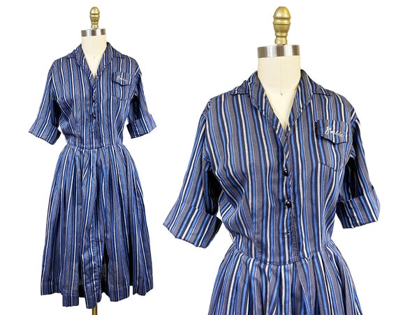 Vintage 1950s 1960s Navy Blue Black Grey Striped … - image 1