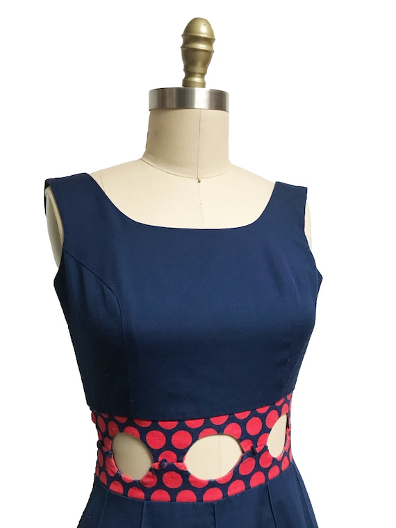 Vintage 1960s Cut Out Dress - Red Polka Dot Navy … - image 3