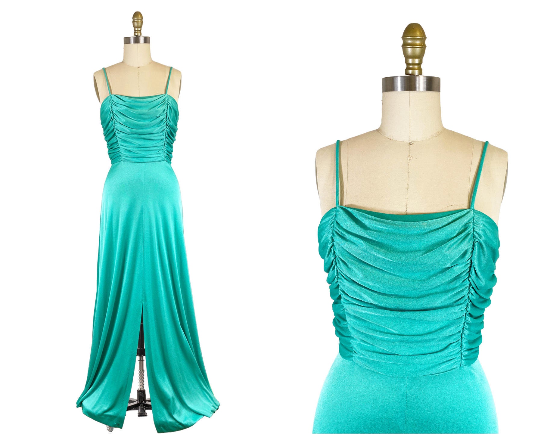 Prom Tank Vintage 1970s Teal Green Gown - Prom Tank Sleeve Maxi Long Dress Waist ...