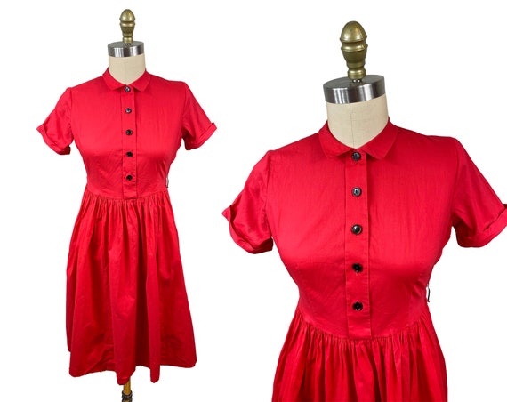 Vintage 1950s Red Shirt Dress- Summer Cotton Day … - image 1