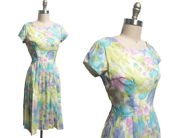 Vintage 1960s Dress - Pastel Green Blue Purple Fl… - image 1