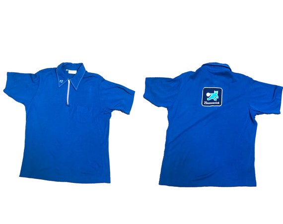 Vintage 1970s Mens Bowling Shirt - Blue Knit Zip … - image 1